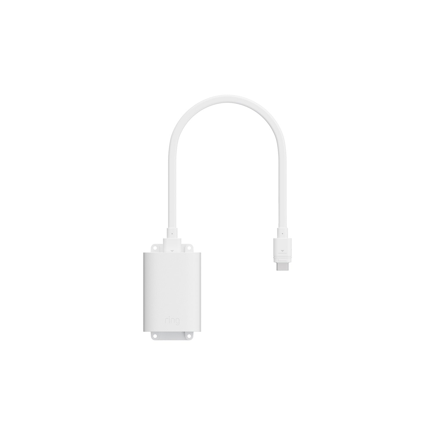 White Ring power adapter with a compact wall-mountable module and an attached cable ending in a USB-C connector on a plain background.