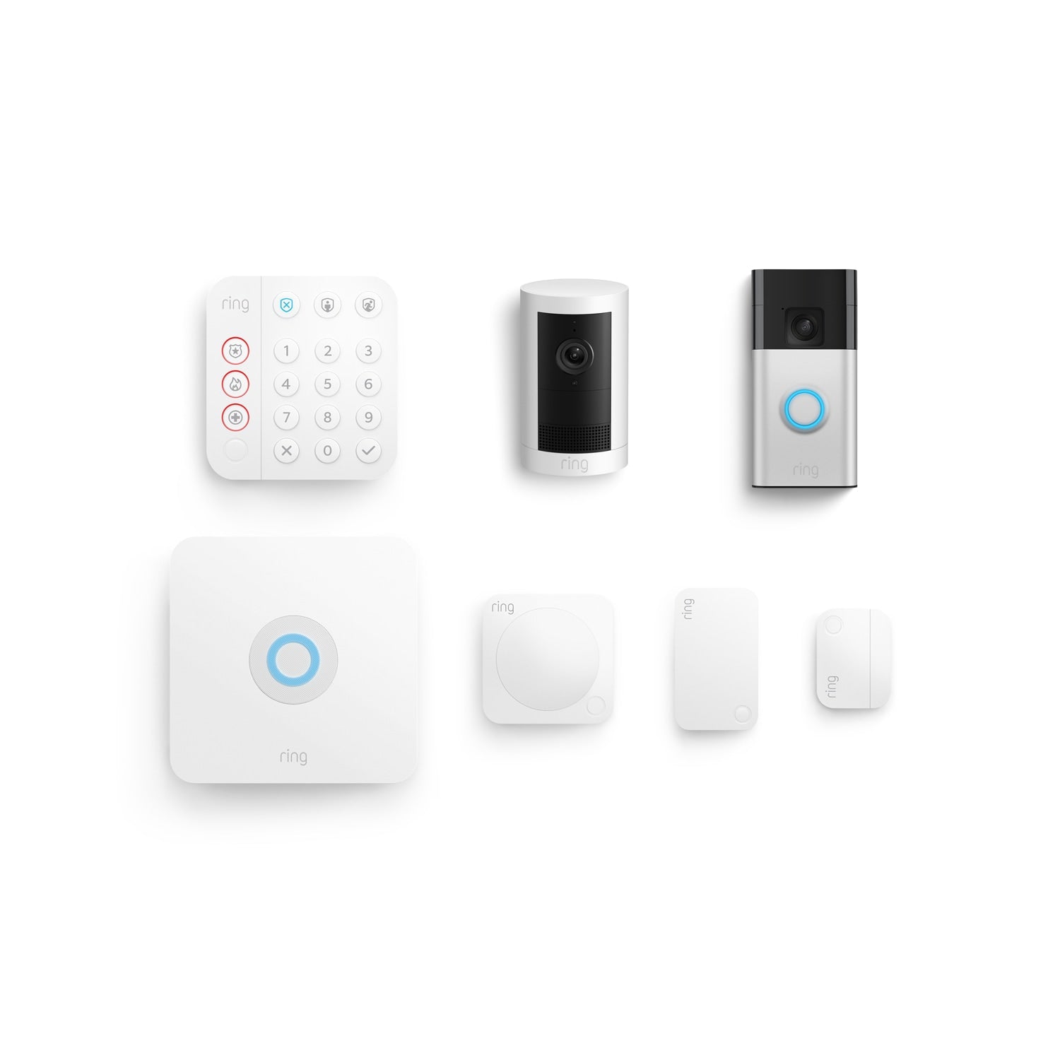 Satin Nickel + White:Battery Doorbell + Outdoor Cam Plus Battery + Alarm 5-Piece Security Kit
