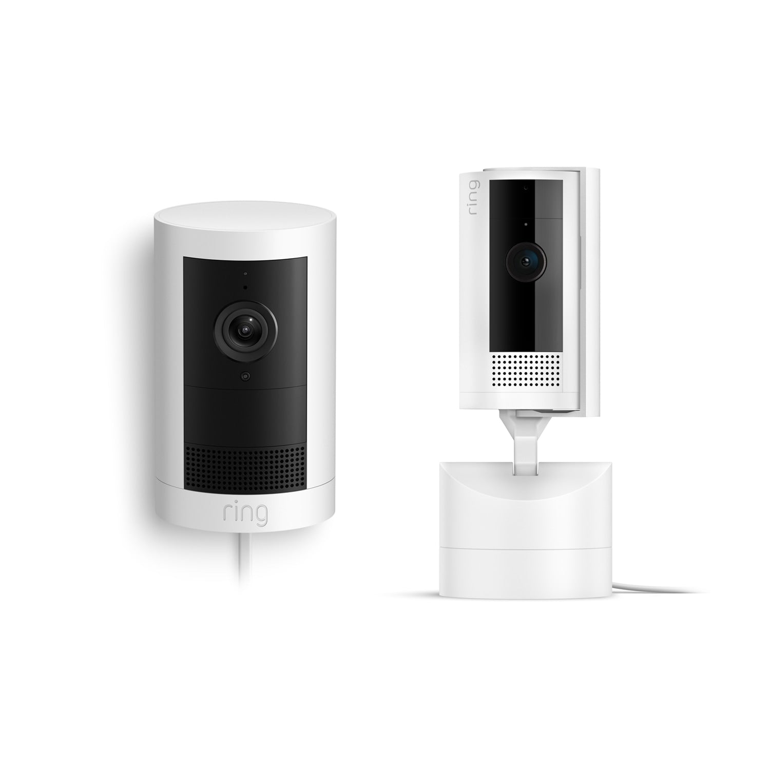 White plug-in Outdoor Cam Plus and Pan-Tilt Indoor Cam on a white background.