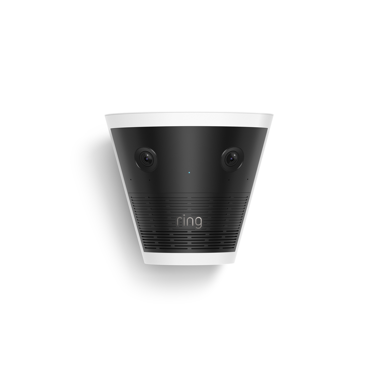 Wall-mounted Ring security camera in white and black, cone-shaped with two lenses and a speaker grille, centered on a white background.