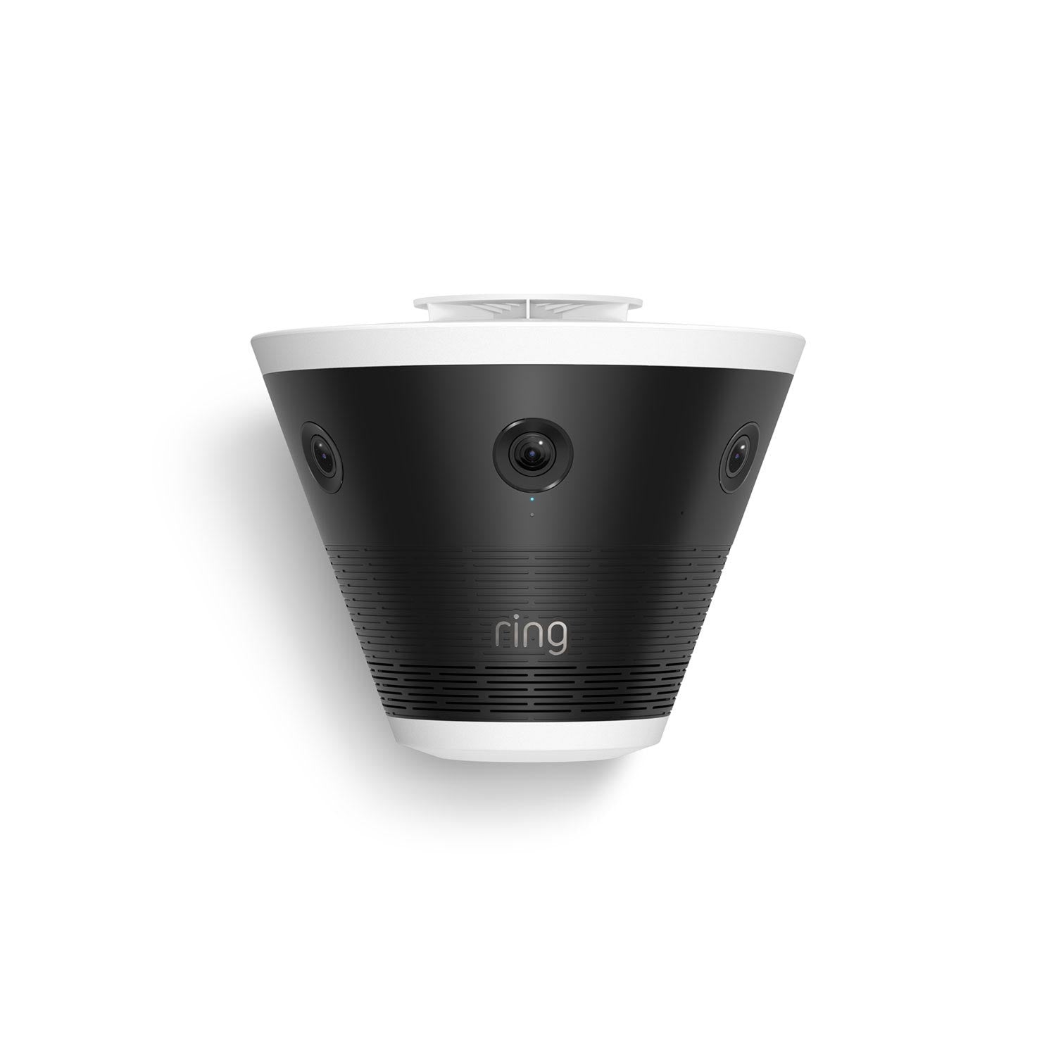 Ceiling-mounted Ring device with conical black-and-white body and multiple wide-angle lenses for indoor monitoring.