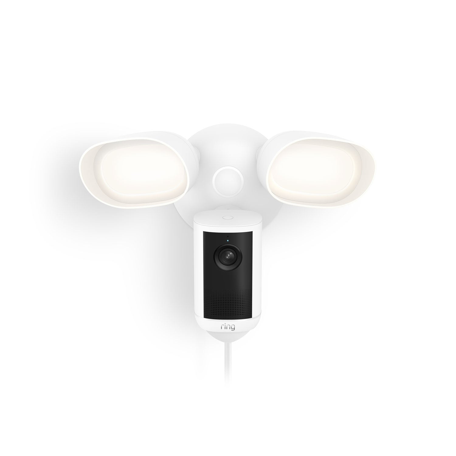 White Ring floodlight with built-in camera, two bright LED lamps angled outward, and a wired design against a plain background.