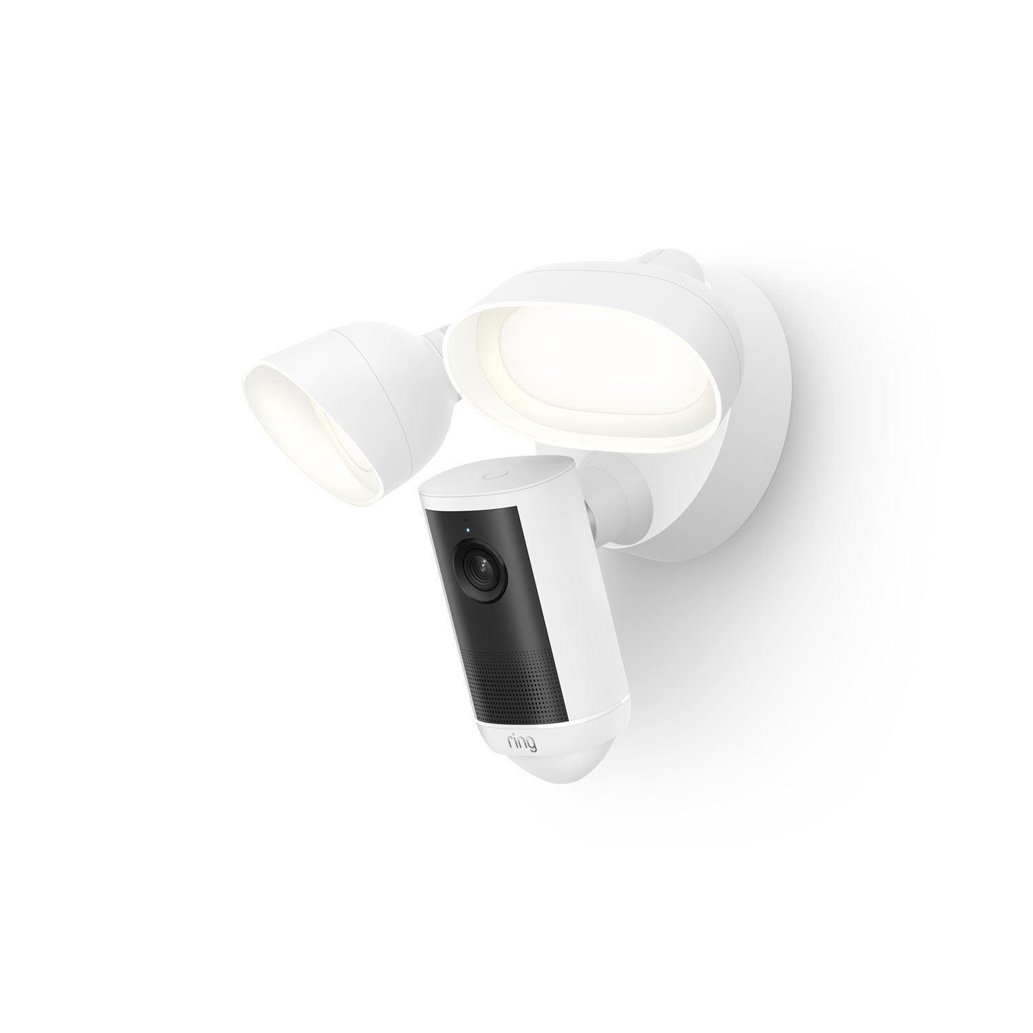 White wall-mounted security floodlight with integrated black-and-white camera unit, two adjustable LED lamps, minimal background.