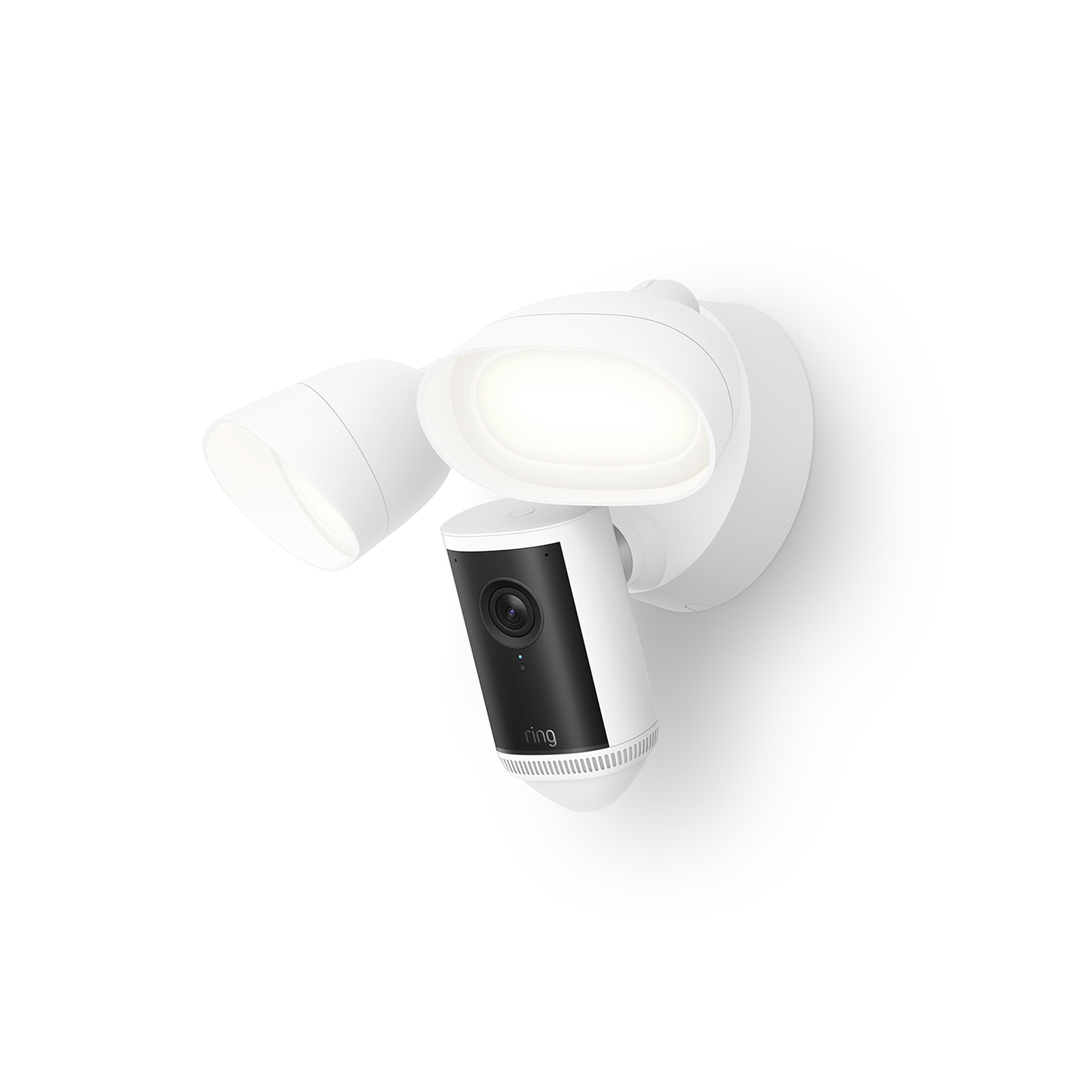 White outdoor Floodlight Cam 4K Pro with integrated black-and-white camera mounted on a wall, featuring two adjustable LED lamps.