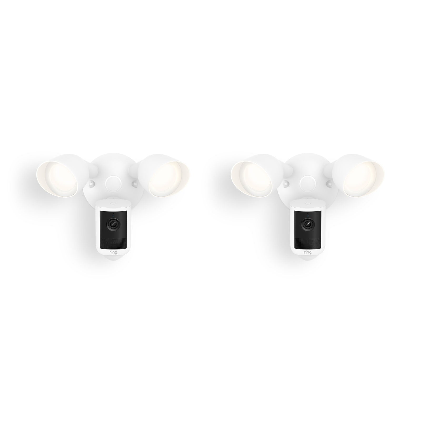 Two white outdoor floodlight camera units with dual adjustable lights and a central camera, shown against a plain white background.