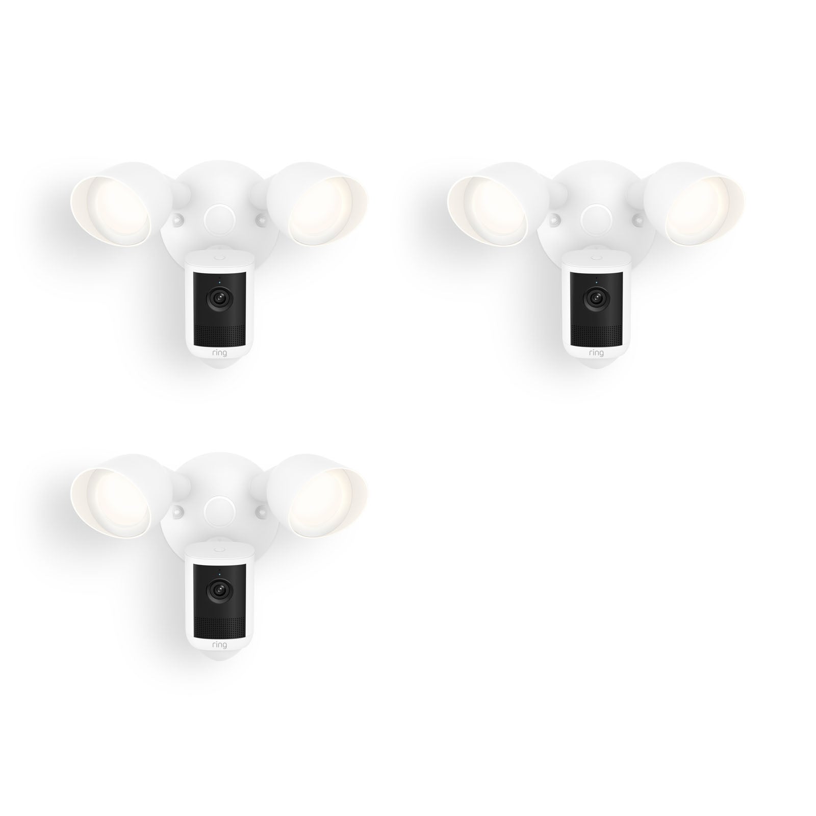 Three white outdoor floodlight camera units against a white background, each with two angled lights and a centered camera module.