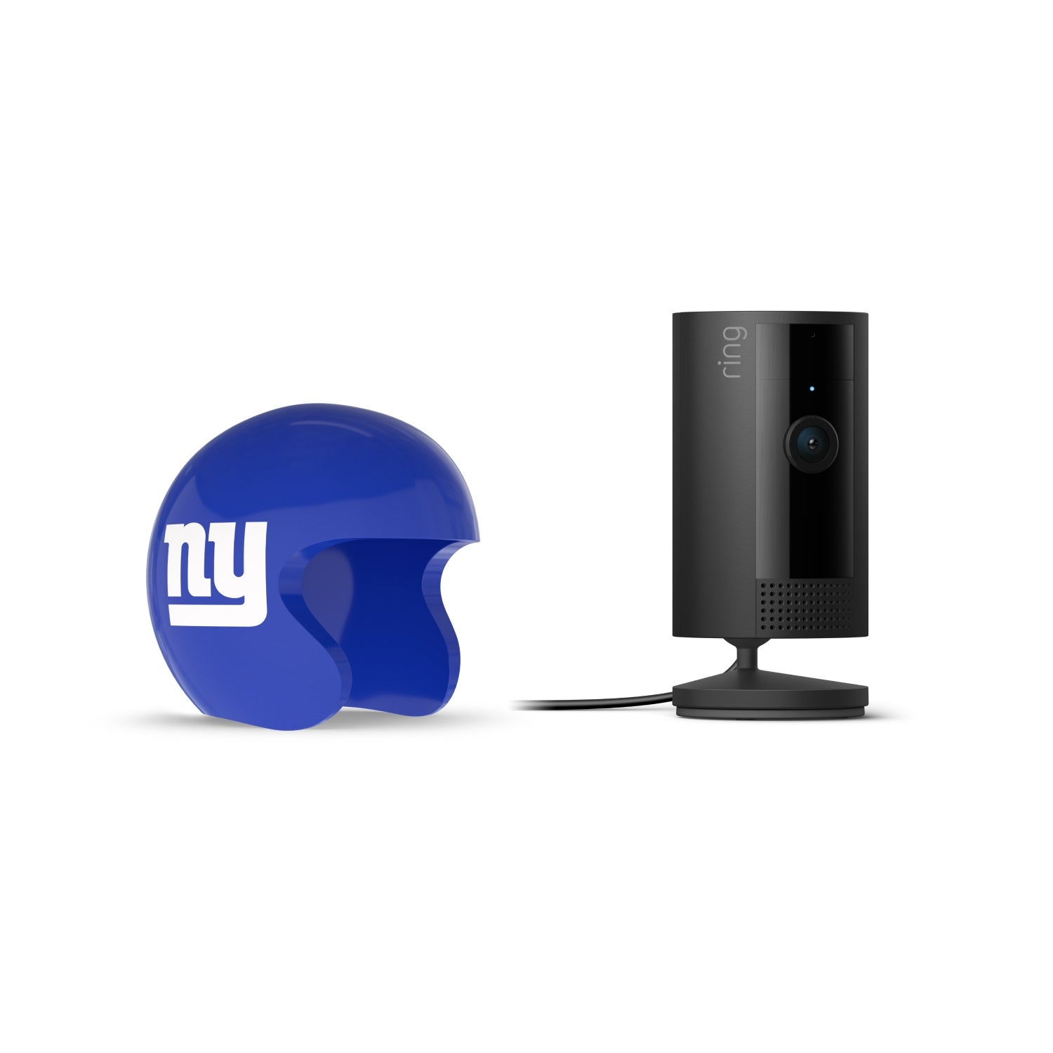 Black Ring indoor camera on a stand beside a blue mini football helmet with white “ny” logo on a white background.