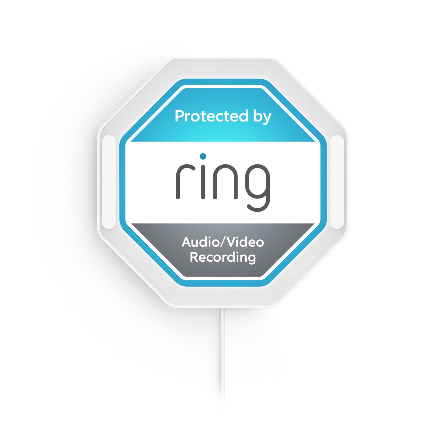 Blue and white octagonal Ring sign with text “Protected by Ring” and “Audio/Video Recording,” mounted on a white background.