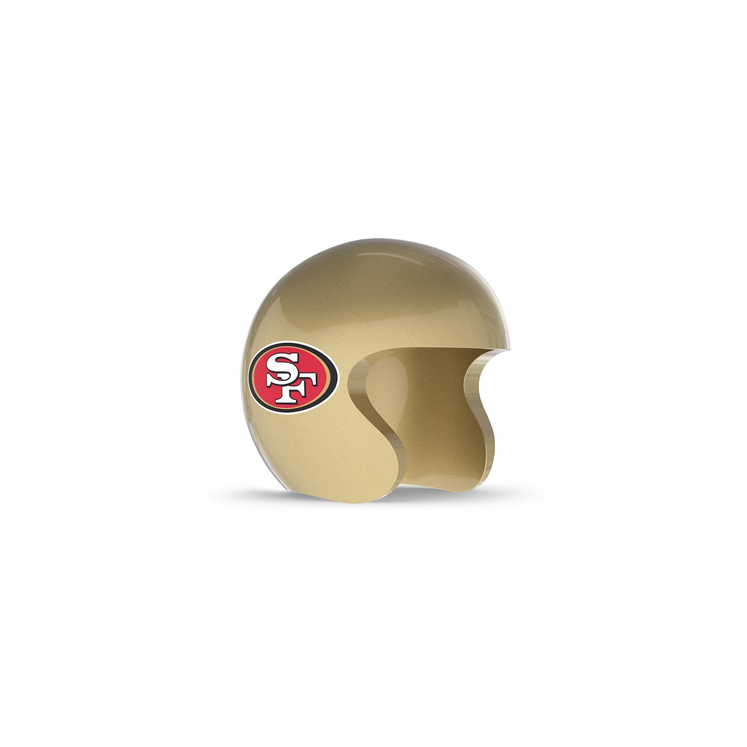 Gold football helmet with a red-and-white “SF” logo on the side, open-face design, shown on a white background.