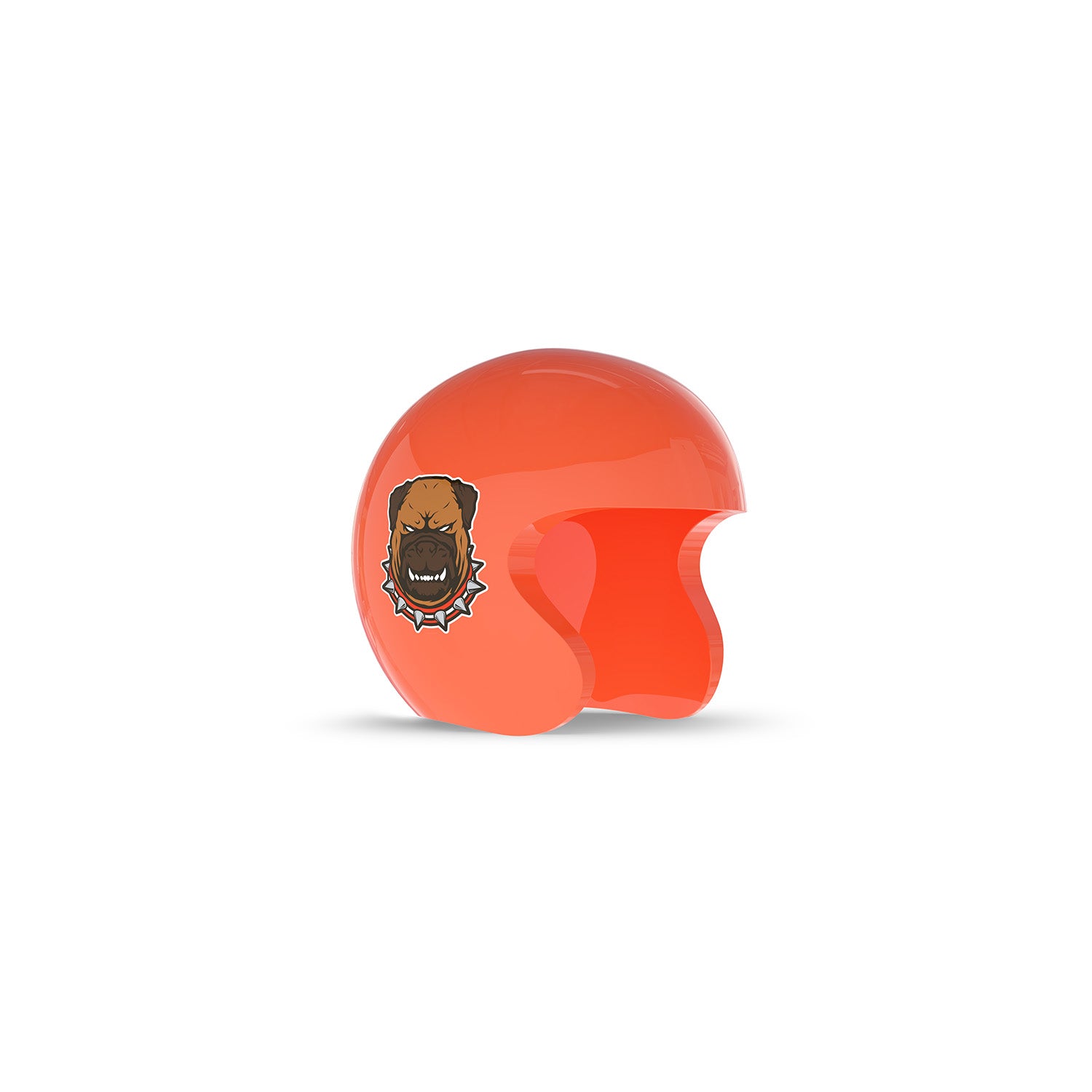Glossy orange open-face helmet with a fierce dog logo on the side, displayed on a white background.
