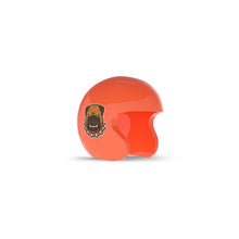Glossy orange open-face helmet with a fierce dog logo on the side, displayed on a white background.