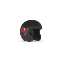 Black football helmet with a red pirate flag logo on the side, shown on a white background.