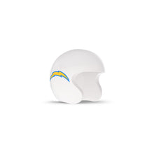 White open-face helmet with a blue and yellow lightning bolt logo on the side, isolated on a white background.