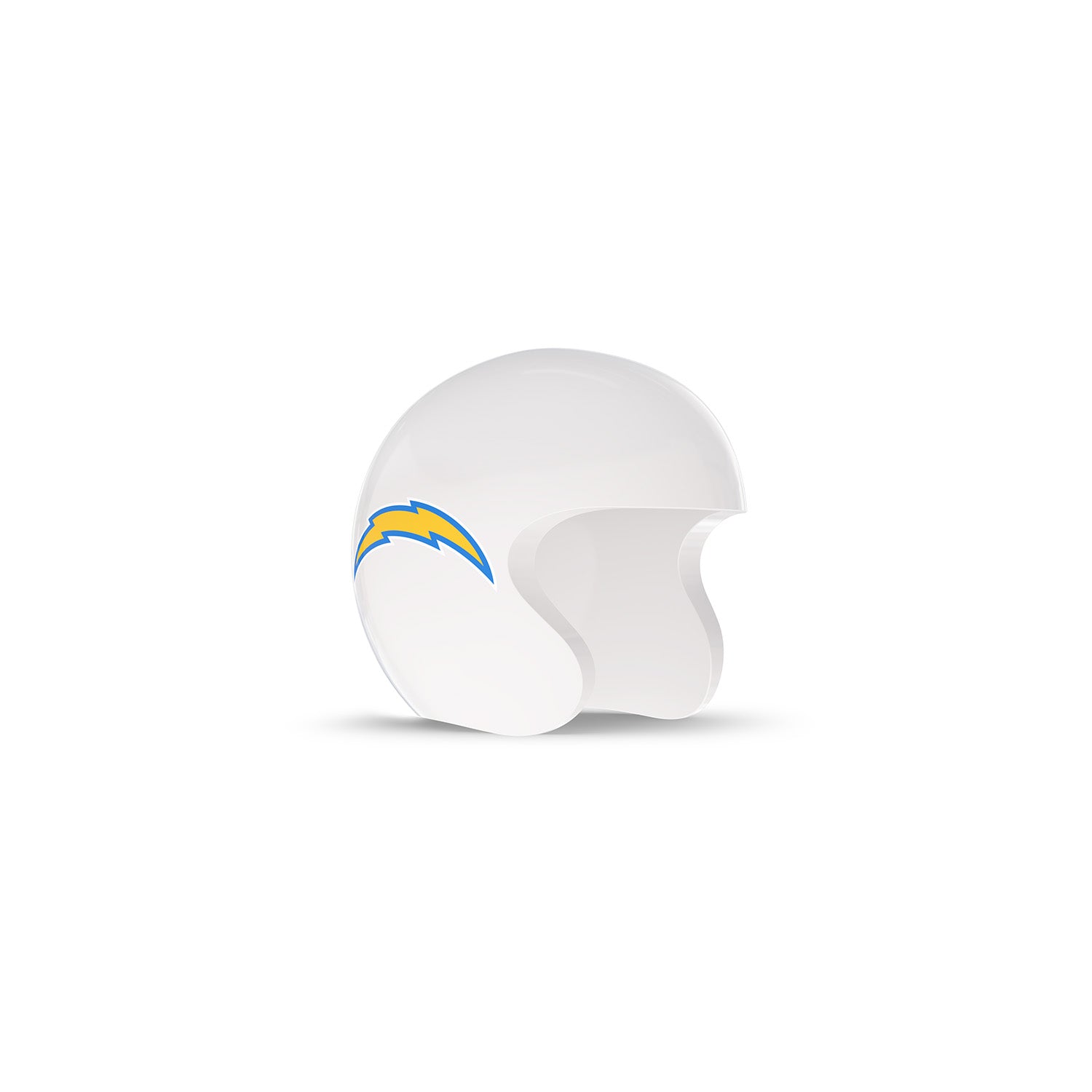 White open-face helmet with a blue and yellow lightning bolt logo on the side, isolated on a white background.