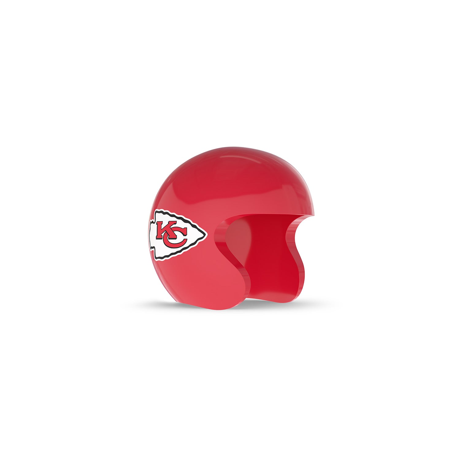 Red football helmet with KC arrowhead logo on the side, glossy finish, open face design, set against a white background.