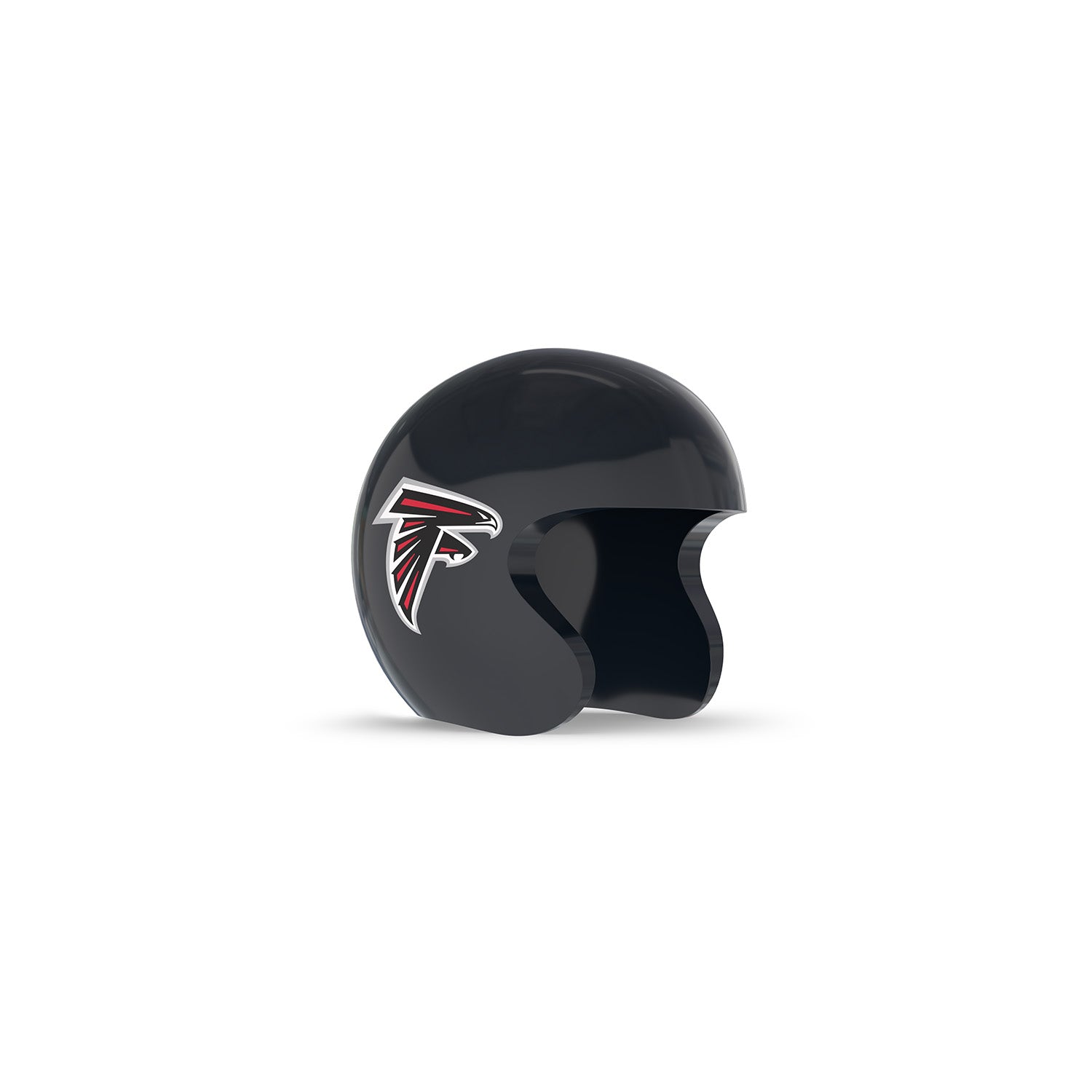 Black glossy football helmet with red-and-white falcon logo on the side, open-face design, shown on a white background.