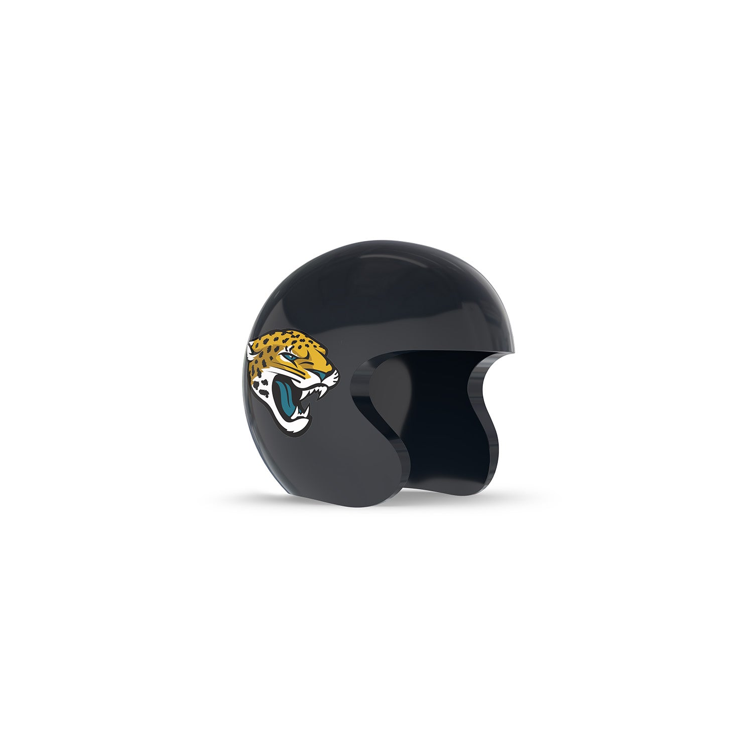 Glossy black mini football helmet with open face and a roaring jaguar logo on the side, shown on a white background.