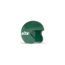 Glossy green open-face helmet with white “JETS” logo on the side, shown against a plain white background.