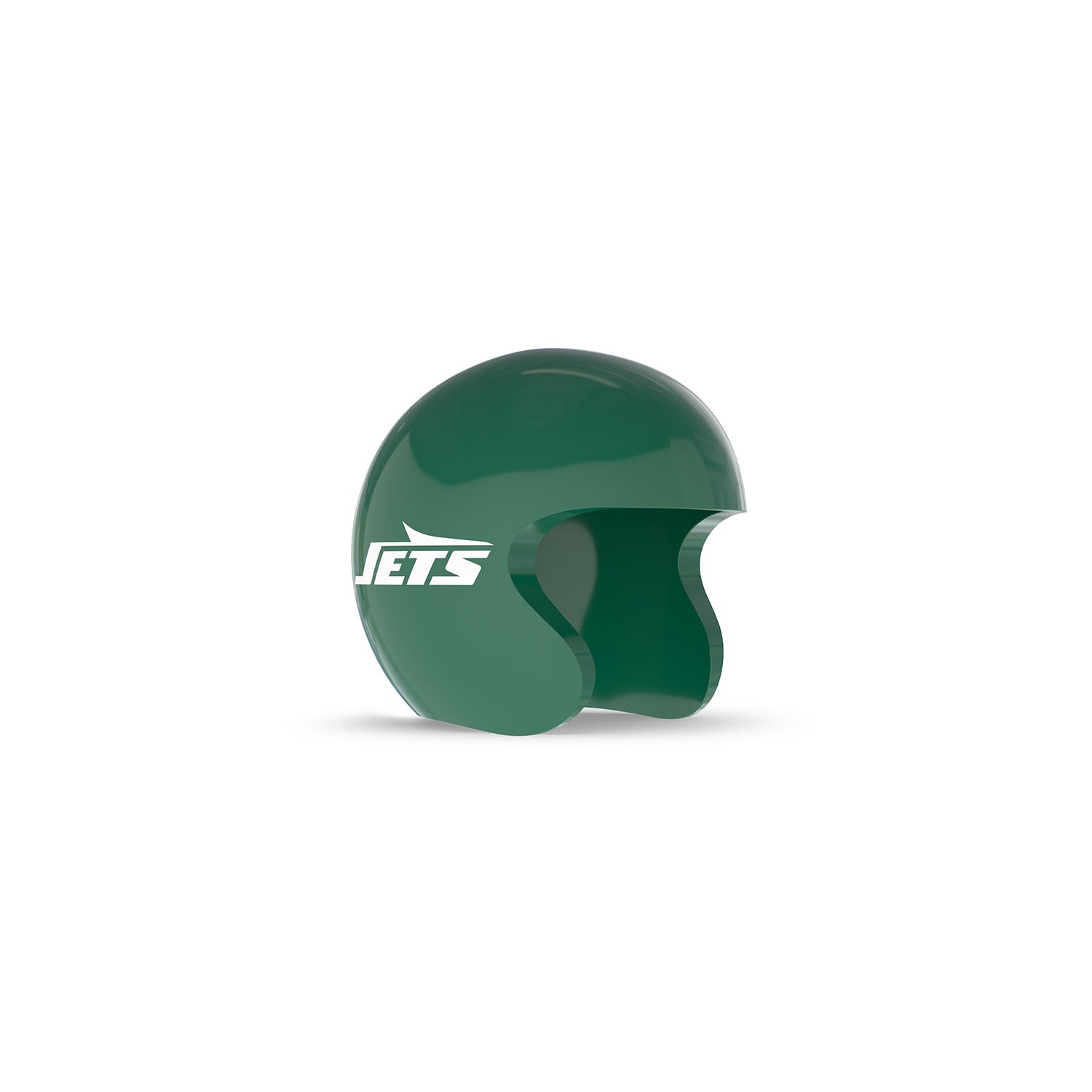 Glossy green open-face helmet with white “JETS” logo on the side, shown against a plain white background.