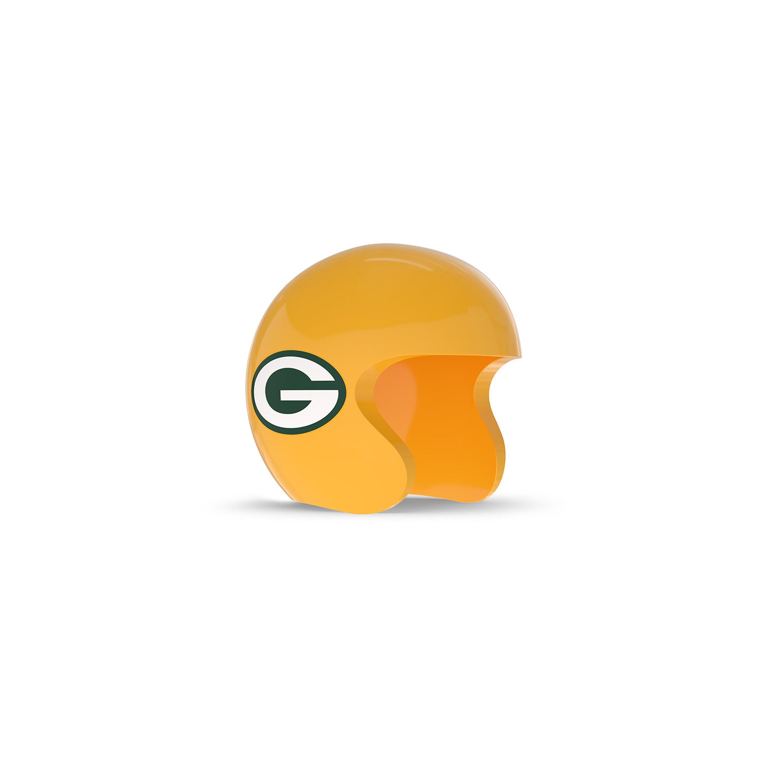 Yellow football helmet with green “G” logo on the side, open-face style, centered on a white background.