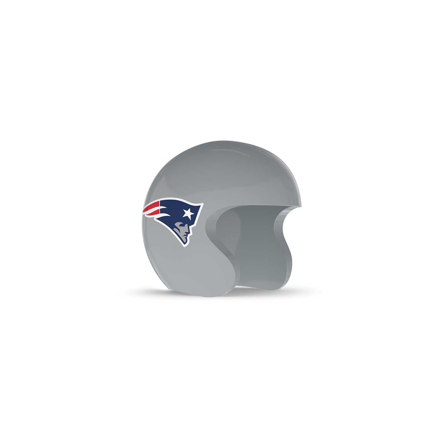 Gray football helmet with a stylized blue, red, and white patriot logo on the side, shown on a white background.