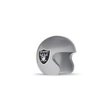 Silver open-face helmet with black-and-white Raiders shield logo on the side, shown against a white background.