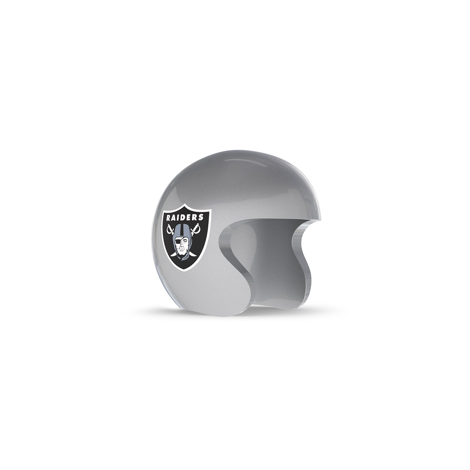 Silver open-face helmet with black-and-white Raiders shield logo on the side, shown against a white background.
