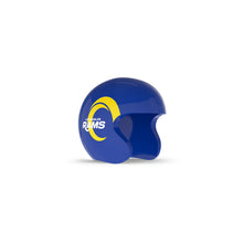 Blue Los Angeles Rams mini football helmet with yellow ram horn logo on the side, open-face design, isolated on white background.