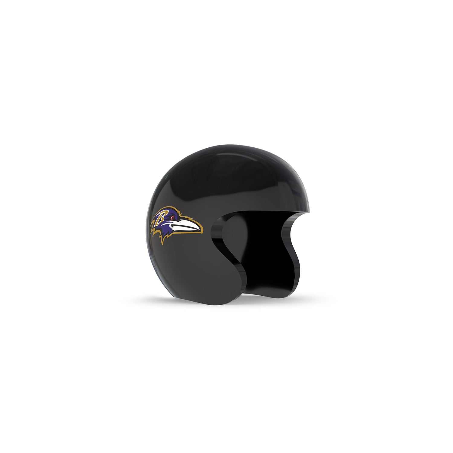 Glossy black half helmet with purple-and-gold raven logo on the side, open face design, set against a white background.