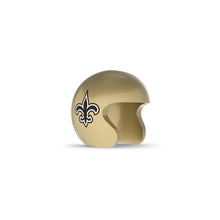 Gold open-face football helmet with a black-and-white fleur-de-lis logo on the side, shown on a white background.