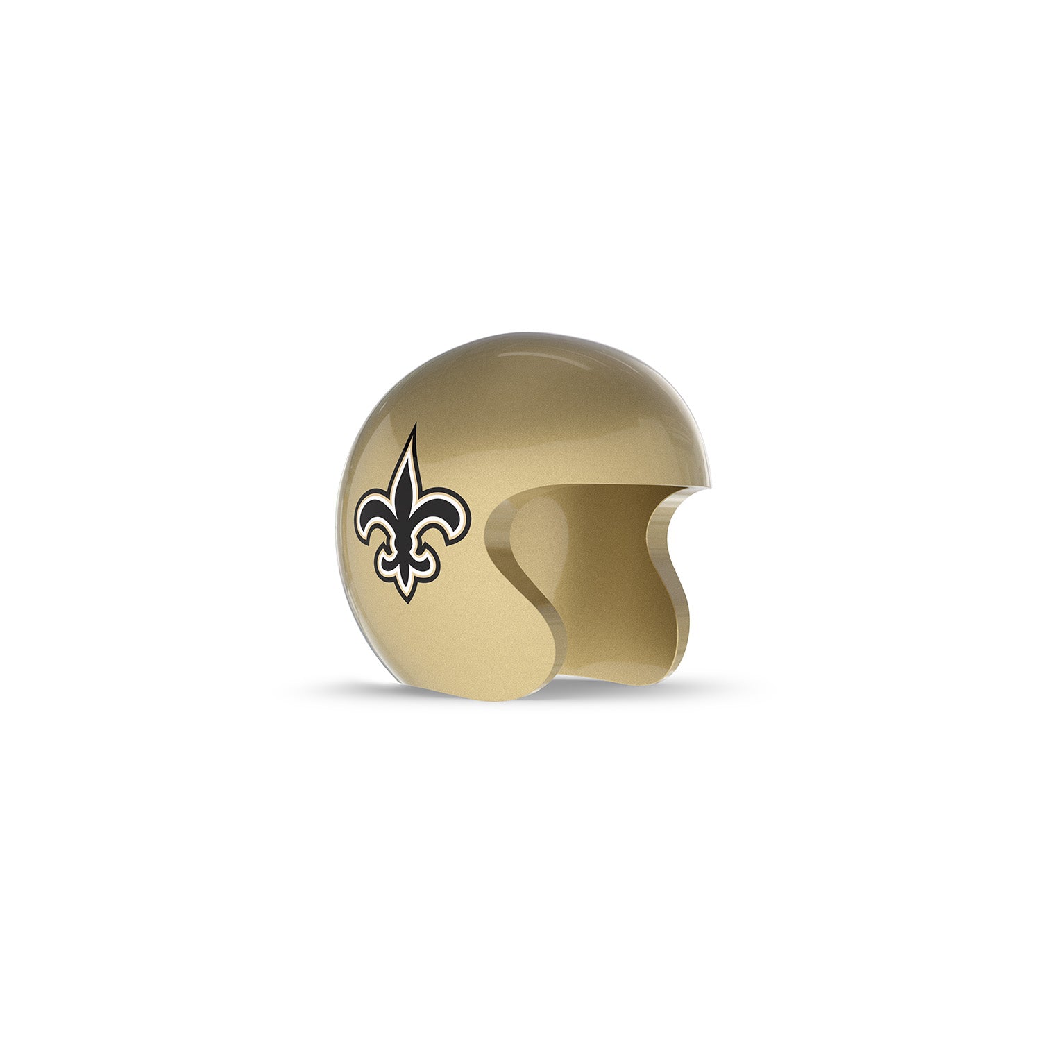 Gold open-face football helmet with a black-and-white fleur-de-lis logo on the side, shown on a white background.