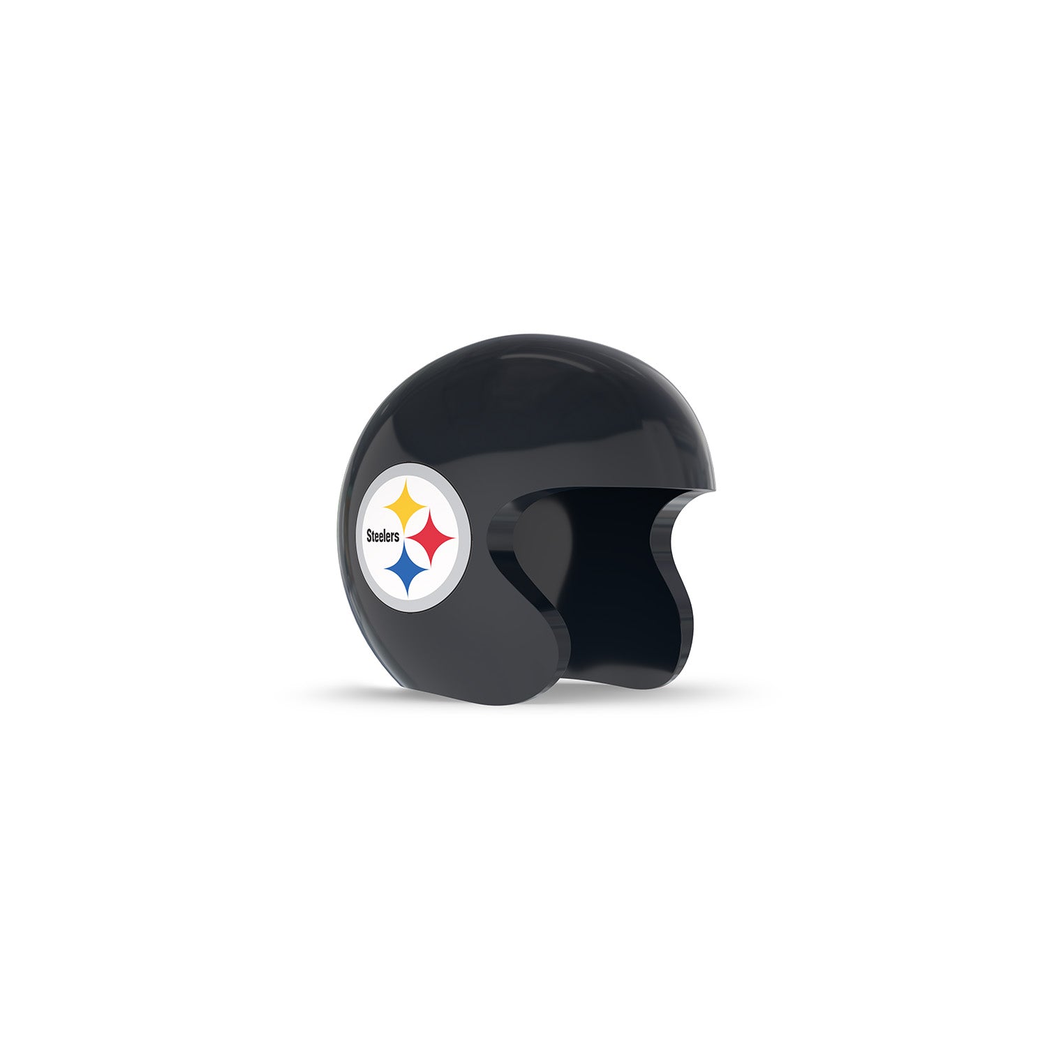 Black open-face helmet with glossy finish, featuring a circular Steelers logo with yellow, red, and blue stars on the side.