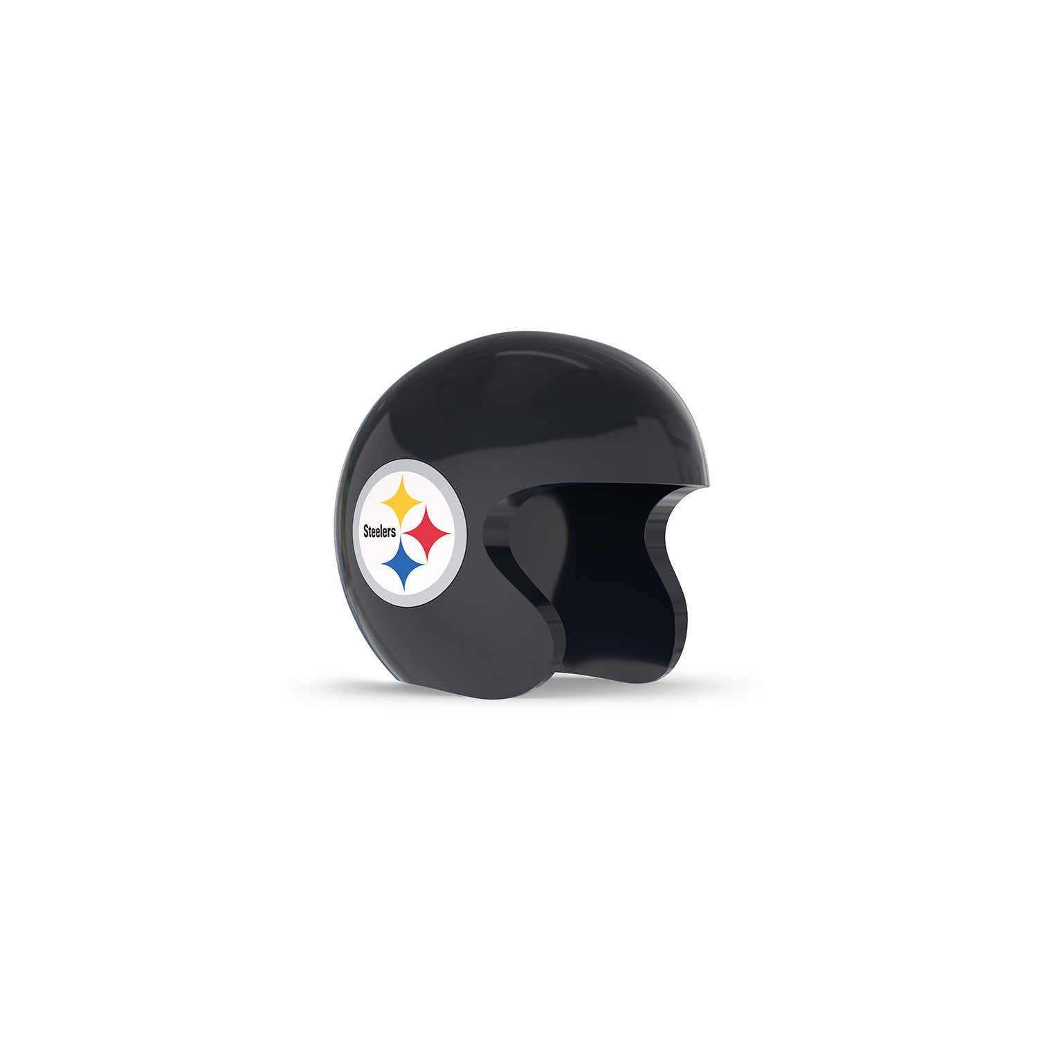 Black open-face helmet with glossy finish, featuring a circular Steelers logo with yellow, red, and blue stars on the side.