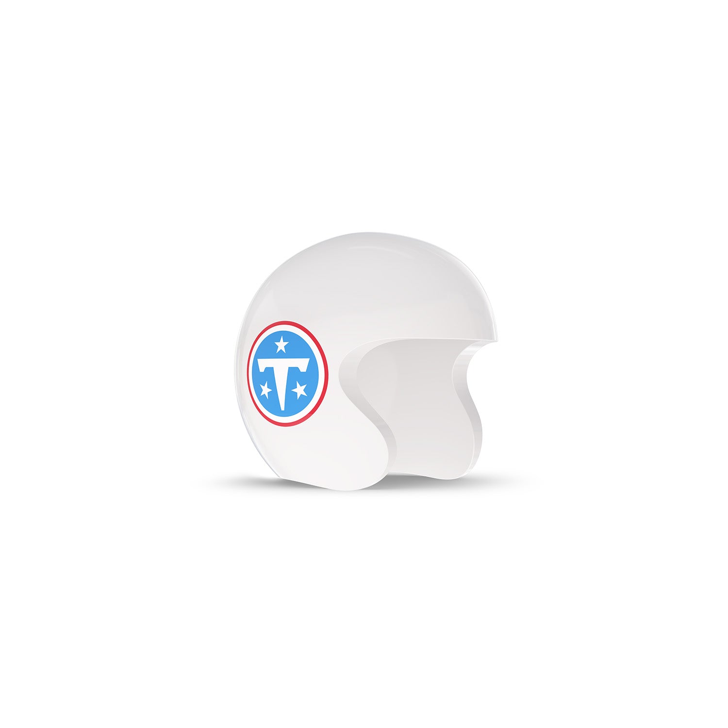 White open-face helmet with a blue-and-red circular logo and stars on the side, shown on a plain white background.