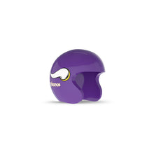 Purple football helmet with a white horn logo and “Vikings” text on the side, shown from a front-left angle on a white background.