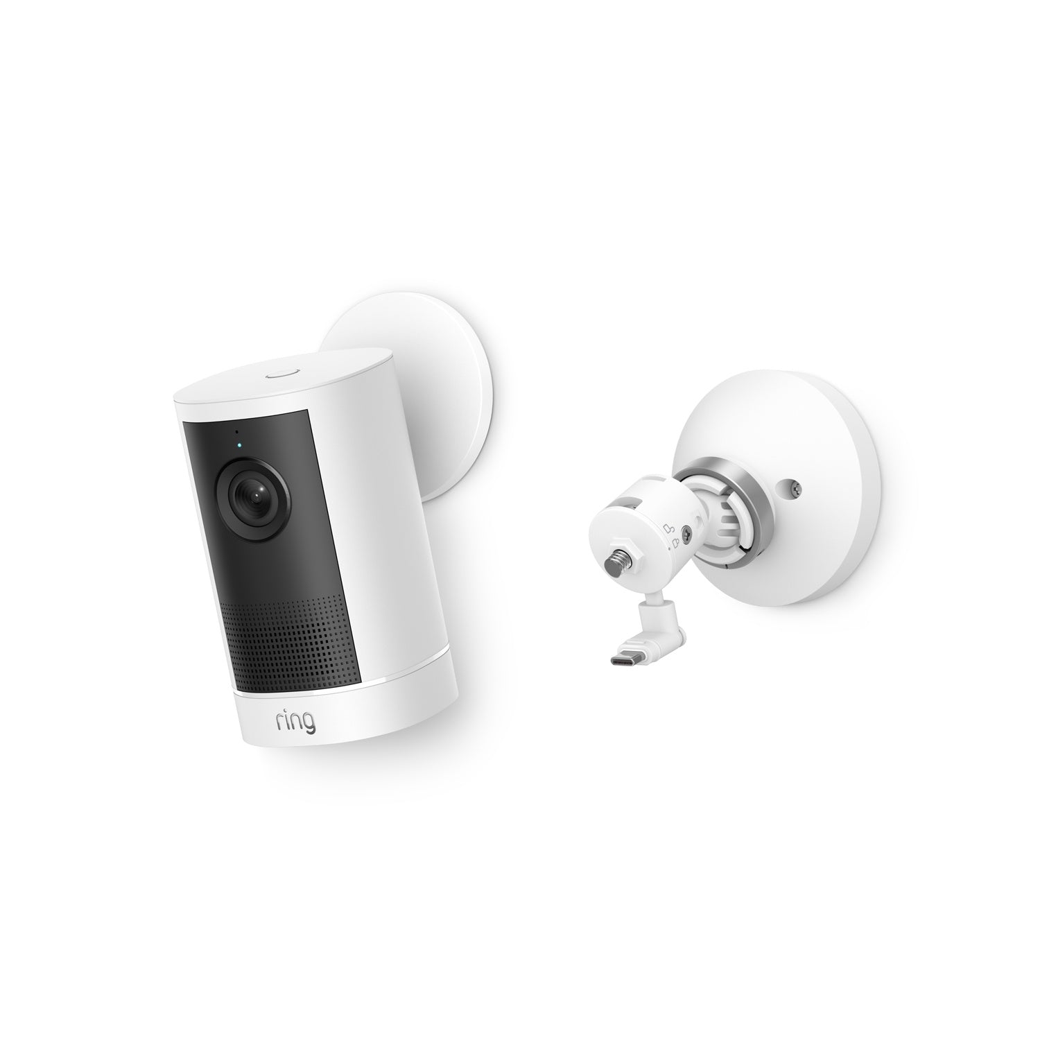 White wall-mounted security camera with black front panel and lens, shown next to an adjustable mounting bracket and connector.