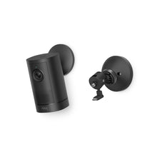 Black Ring Outdoor Cam and wall mount shown on white background, highlighting compact cylindrical design and adjustable bracket.