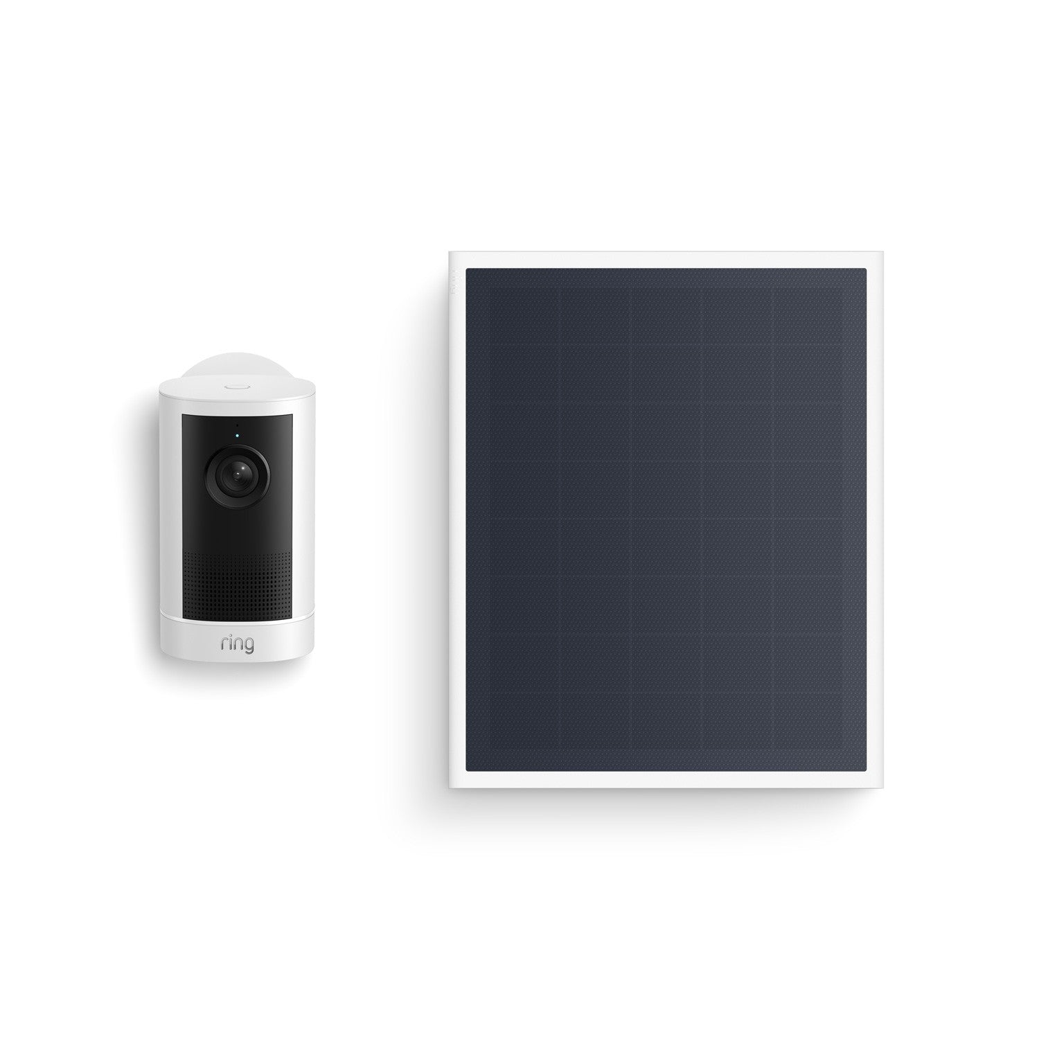 White Ring outrdoor camera next to a rectangular black solar panel on a white background.