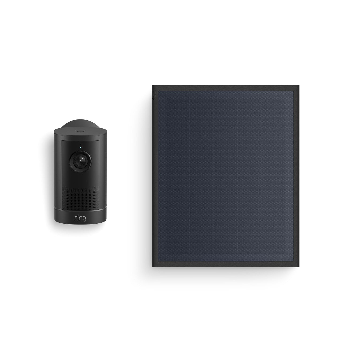 Black Ring Outdoor Cam next to a rectangular dark solar panel on a white background.