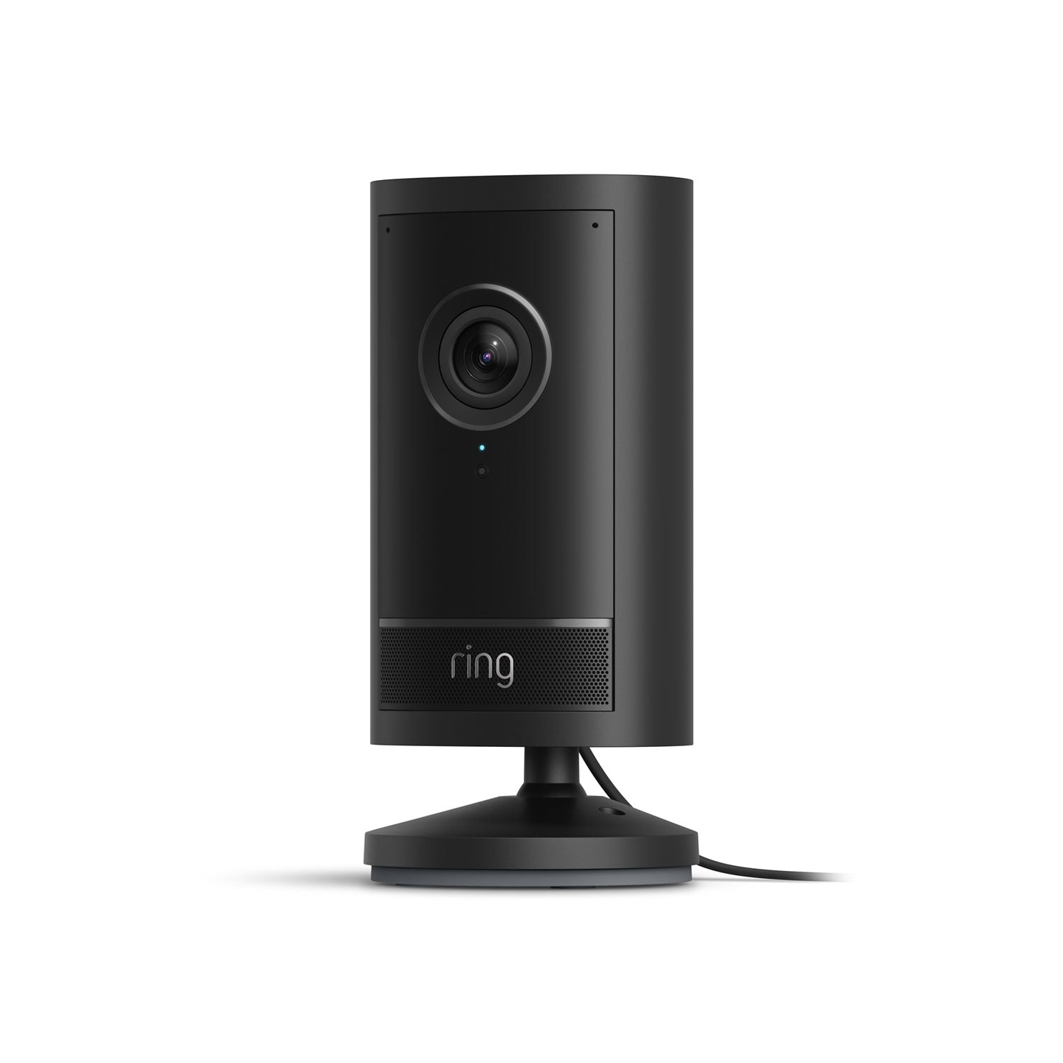 Plug-In  / Black / 1-Pack:Black Ring Outdoor Cam Pro attached to a tabletop stand and power cord.