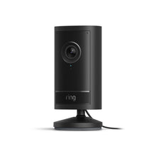 Plug-In  / Black / 1-Pack:Black Ring Outdoor Cam Pro attached to a tabletop stand and power cord.