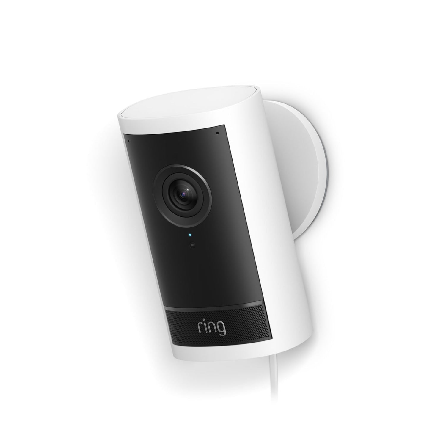 Plug-In / White / 1-Pack:White Ring Outdoor Cam Pro attached to a wall mount and power cord.
