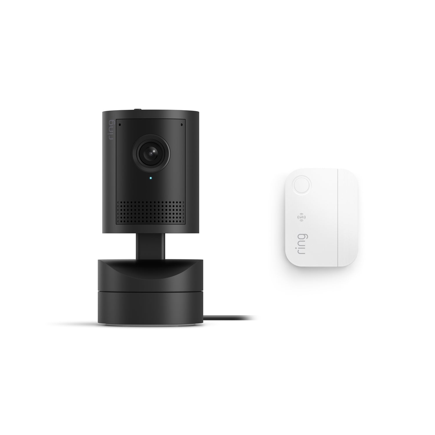 Black Pan-tilt indoor security camera on a base with power cord, shown beside a small white Ring-branded wireless module.