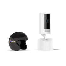 White Ring Pan-Tilt indoor camera on a stand next to a glossy black mini football helmet with a purple raven logo on white background