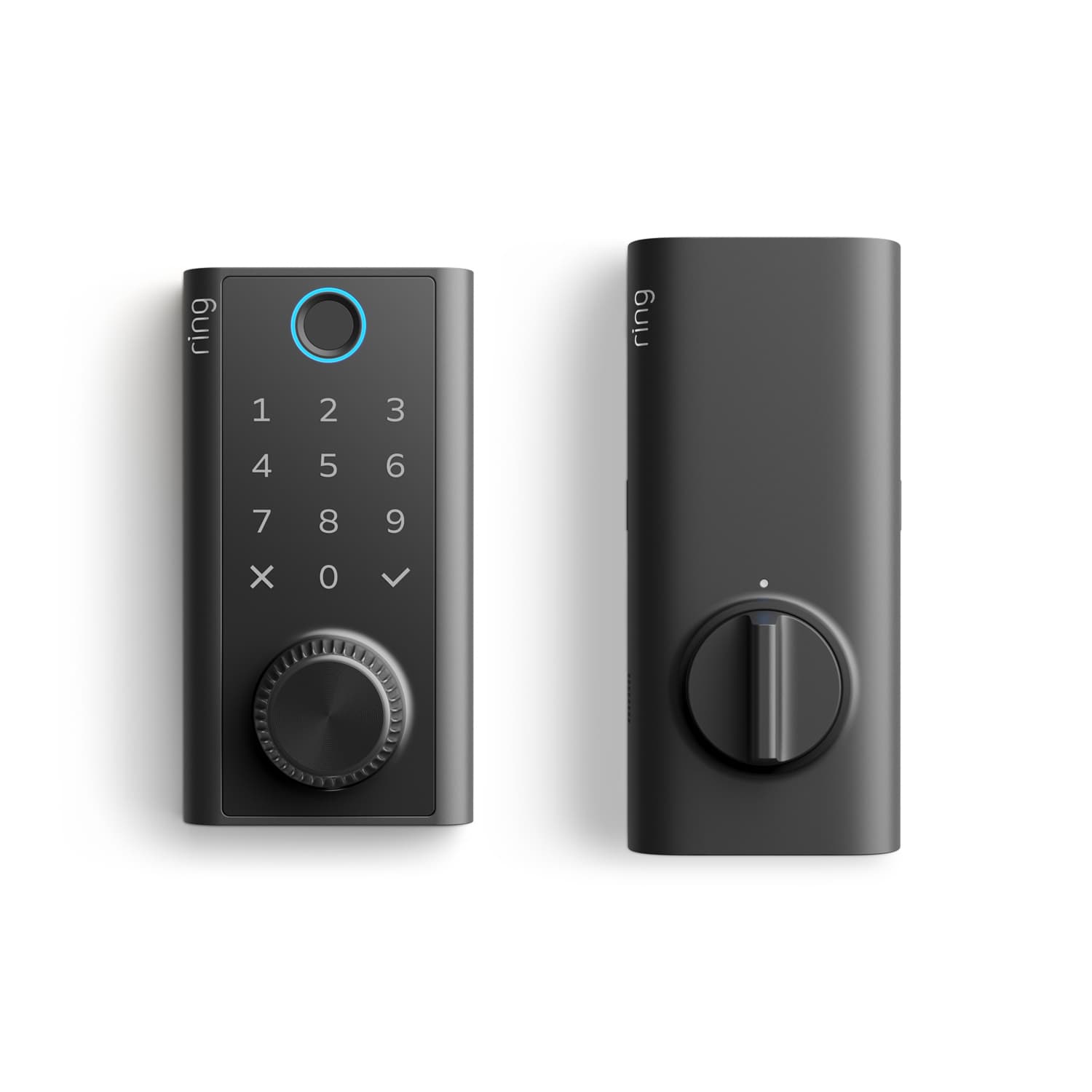 Black smart door lock, front keypad with blue-lit ring, numbers, check and X icons, and a dial; rear unit with thumbturn knob.