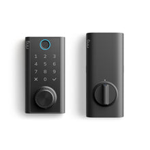 Black smart door lock, front keypad with blue-lit ring, numbers, check and X icons, and a dial; rear unit with thumbturn knob.