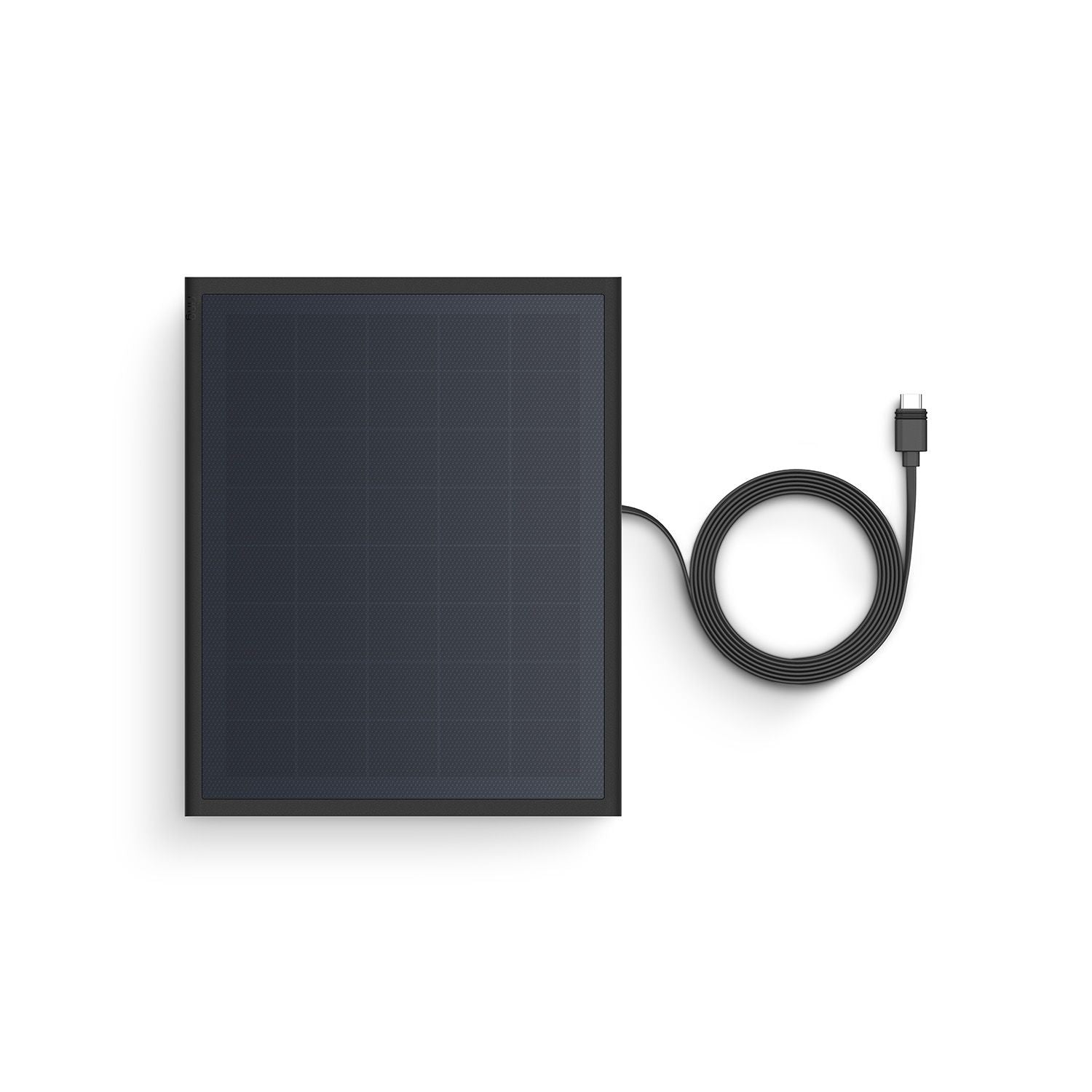 Rectangular black solar panel with a long coiled cable and USB-C connector on a white background.