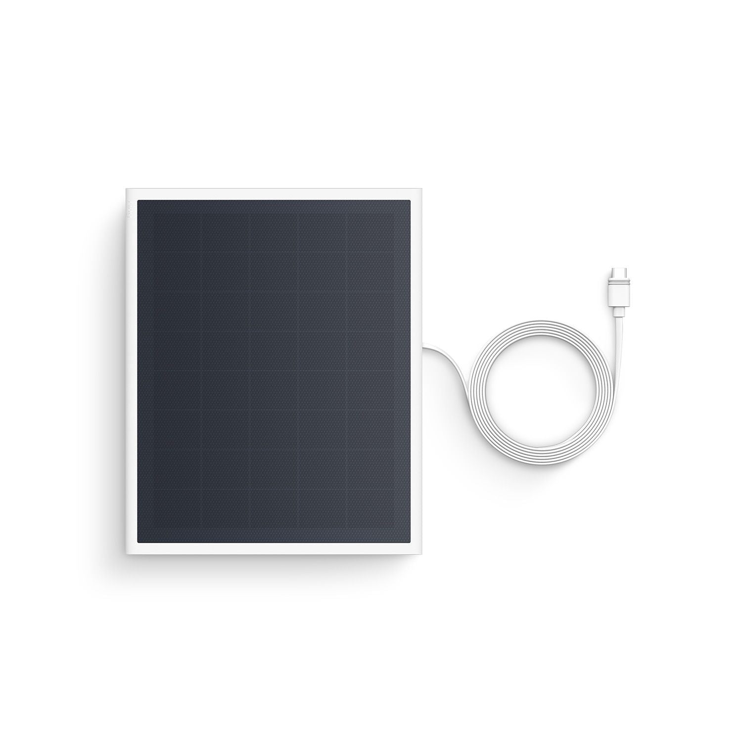Rectangular solar panel with white frame and a long coiled white cable ending in a plug, shown on a white background.