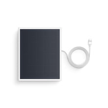 Rectangular solar panel with white frame and a long coiled white cable ending in a plug, shown on a white background.