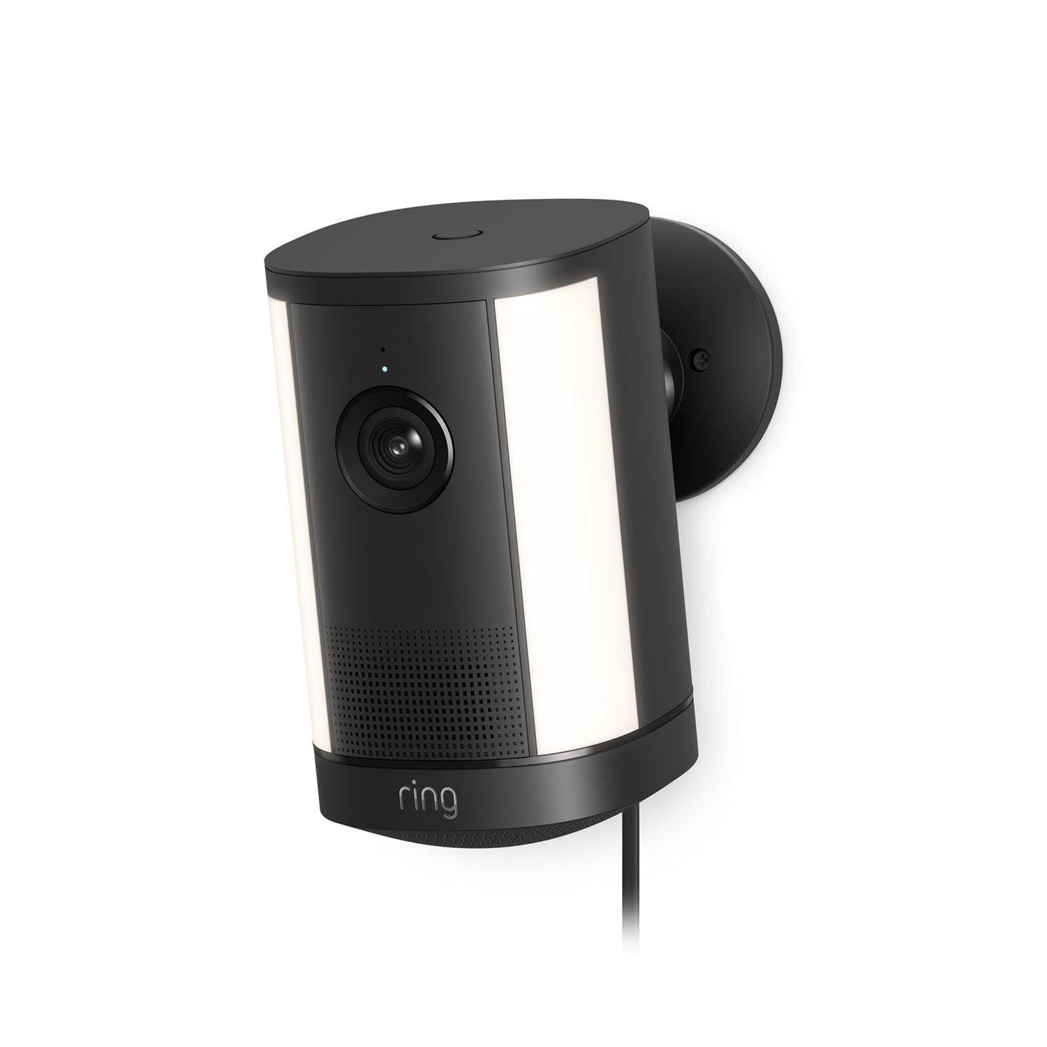 Black Ring wall-mounted security camera with wide LED light panels, lens centered, small indicator light, and power cord attached.